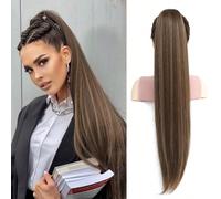 Extension de cheveux synthétiques à queue de cheval droite et longue avec cordon de serrage, mèche de cheveux douce et naturelle à clipser - brun clair avec reflets brun cendré Mélange de fibres de so