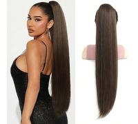 Extension de cheveux synthétiques droits longs avec cordon de serrage, mèche de cheveux naturelle et douce à clipser, résistante à la chaleur - Chocolat Brun Mélange de fibres de soie protéinées à hau