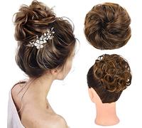 Extension de chignon désordonné, 100 % véritable humain ébouriffé, chignon bouclé avec bande élastique, extension de queue de cheval pour femmes (marron moyen et blond doré)