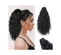 Extension de queue de cheval à pince pour queue de cheval pour femme, 45 cm de long cheveux ondulés de maïs, poil de queue de cheval synthétique duveteux (1B)