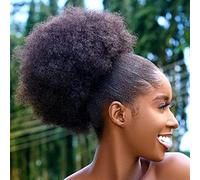 Extension de queue de cheval afro Puff avec cordon de serrage pour femme noire - Extensions de cheveux afro courts et bouclés - Avec deux clips - Noir-1B - Taille L (1B#)