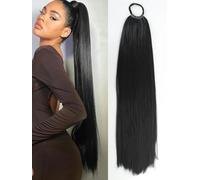 Extension de queue de cheval synthétique longue et lisse en caoutchouc pour femme, perruque noire légèrement résistante à la chaleur, 1 pièce, 24 pouces