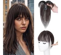 Extension Frange à Clips pour Femme - Cheveux Naturels Remy | Clips Invisibles | Léger & Résistant à la Chaleur | Pour Cheveux Fins & Front Haut(Noir brunâtre,French bangs)