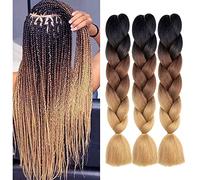 Extension pour Tresse brunes 24 Pouces Jumbo Braids Meches Kanekalon Meches Tresse Cheveux Box Braids 3packs Soft Yaki Synthetic Hair for Crochet Braiding Hair (Noir brun foncé brun clair)