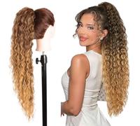 Extension queue de cheval avec cordon de serrage | Facile à appliquer | Look naturel 100 % | Fibre résistante | Cheveux longs, lisses ou bouclés de 70 cm et 50 cm (T-27 Châtain dégradé, 70 cm, bouclés