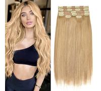 Extensions de cheveux à clip sans couture en cheveux humains véritables Blonde dorée pour femmes, usage quotidien, tissage fin en soie naturelle douce PU, 6 pièces,26inch