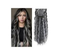 Extensions de cheveux à clipser, 6 pièces, postiche synthétique ondulé à clipser for femmes, 55 cm Installation et enlèvement faciles(Black and White Mix)