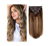 Extensions de cheveux à clipser, cheveux naturels, ombré noir à brun avec blond caramel, lot de 8 pièces for toute la tête Installation et enlèvement faciles(24inches)