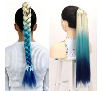 Extensions de Cheveux Bleu Ombré 24Pouces Longueur Queue de Cheval avec Élastique, 100g / pcs Ponytail Cheveux Couleur pour Tresse Cosplay Halloween Spectacles-blond lac bleu