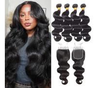 Extensions de cheveux brésiliens ondulés avec fermeture, 4 faisceaux de cheveux humains ondulés de corps avec fermeture (20 22 24 26+20)