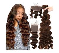 Extensions de cheveux Cheveux brésiliens vague de corps 3 faisceaux avec fermeture vague de corps faisceaux de tissage de cheveux humains brésiliens avec fermeture à lacet HD brun # 4 extensions de ti