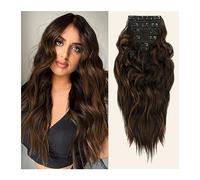 Extensions de cheveux Extensions de cheveux synthétiques à clips Body Wave Extensions de cheveux à clips Perruque synthétique ondulée 6 pièces/ensemble Couleur café torréfié foncé Clip dans les cheveu