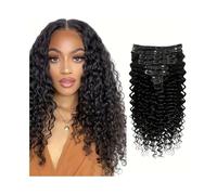 Extensions de cheveux humains à clips Deep Wave de 25 à 66 cm, lot de 8 pièces, couleur noire naturelle, Remy Hair Wear and Go(12inches)