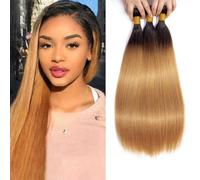 Extensions de cheveux humains blonds ombrés 1B27 - Blond miel - Raides - Noir à blond miel - Double trame - Sans nœuds - Extensions de cheveux brésiliens vierges non traités - 55,9 - 61 cm