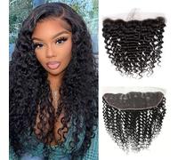 Extensions de cheveux humains brésiliens bouclés avec dentelle frontale de 33 x 10,2 cm, 100 % non traités, naissance des cheveux naturelle, d'une oreille à l'autre, pré-épilées avec des cheveux de