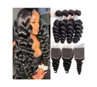 Extensions de cheveux humains brésiliens ondulés lâches de 25,4 à 101,6 cm avec fermeture - Extensions de cheveux humains Remy noirs naturels bouclés - Dentelle frontale (10 x 10 pouces, 22 24 cm, 10