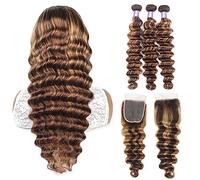 Extensions de cheveux humains - Extensions de cheveux humains - Lâches et profondes avec fermeture - 4 x 4 - Fermeture en dentelle - Remy brésilien, blond miel (16, 16, 16 avec 16)