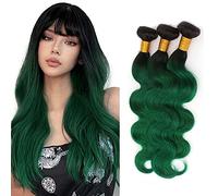 Extensions de cheveux humains ondulés ombrés - Deux tons - Racines foncées au vert - Non transformés - Tissage Remy vert - Pour femme (35,6 cm)