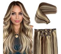 Extensions de cheveux humains Remy à clips - Balayage brun moyen à blond décoloré - 70 g - 7 pièces - Cheveux lisses et soyeux - Pour femme (H#4/613, 56 cm)