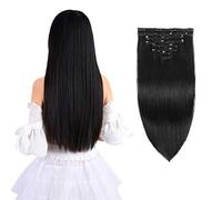 Extensions de cheveux humains Remy à clipser - 50,8 cm - Pour femme noire - Longs, lisses et soyeux - 8 pièces - 20 clips - 50,8 cm - 100 g - #1B noir naturel