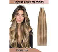 Extensions de cheveux humains Remy lisses, mèches brunes et blondes claires (réf. 4P27#), 40-66 cm, 20 pièces/paquet/50 g. Ces extensions à bandes adhésives épaisses sont parfaites pour un usage quoti