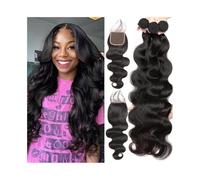 Extensions de Cheveux Lot de 3 tissages brésiliens vierges ondulés de 30 à 76 cm avec fermeture en dentelle 10x10 Extension de Queue(28 28 28 28Closure20)