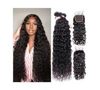 Extensions de cheveux ondulées à l'eau 3 4 paquets avec fermeture Cheveux humains brésiliens bouclés Frontal Couleur naturelle Remy Extension (10,2 x 10,2 cm, 28 30 32 cm x 22)