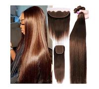 Extensions De Cheveux Paquets de cheveux humains raides brun chocolat avec fermeture à lacet 4x4 frontale 10 "-32" faisceaux de tissage de cheveux brésiliens Remy avec fermeture Tissage Cheveux(13" x