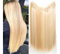 Extensions de cheveux, Perruque en soie haute température à 4 fils en forme de V for femme, extension de cheveux longs et raides,pour femmes(Dark gold+light gold,60CM)