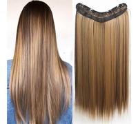 Extensions de cheveux, Perruque en soie haute température à 4 fils en forme de V for femme, extension de cheveux longs et raides,pour femmes(Brown+camel,60CM)