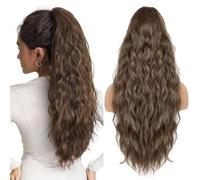Extensions de cheveux synthétiques longs et ondulés Pour queue de cheval - 66 cm - Doux - Avec cordon de serrage - Usage quotidien (marron mélangé blond miel)