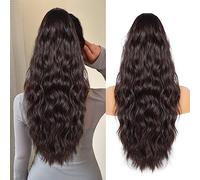 Extensions de cheveux synthétiques longs et ondulés pour queue de cheval - 66 cm - Pour femme - Doux et naturel - Avec cordon de serrage - Brun foncé avec un léger lustre auburn
