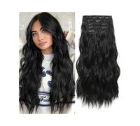 Extensions de cheveux synthétiques ondulées à clips, longueur 50 cm, aspect naturel, for femmes, 180 g, ondulées et bouclées, avec 11 clips. Wear and Go(Natural Black)