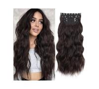 Extensions de cheveux synthétiques ondulées à clips, longueur 50 cm, aspect naturel, for femmes, 180 g, ondulées et bouclées, avec 11 clips. Wear and Go(Medium Brown)