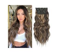 Extensions de cheveux synthétiques ondulées à clips, longueur 50 cm, aspect naturel, for femmes, 180 g, ondulées et bouclées, avec 11 clips. Wear and Go(Medium Brown+Dark Blonde)