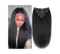 Extensions de cheveux tendance Extensions de cheveux crépus lisses à clips, vrais humains for femmes, double trame, tête complète, brésiliens Remy, Yaki, couleur noire naturelle Douceur(14inches)