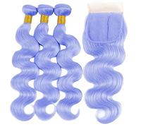 Extensions De Cheveux Tissage de cheveux humains de vague de corps de couleur bleu clair violet 3 faisceaux avec des faisceaux de cheveux humains de vague de corps frontale avec fermeture 3/4 faisceau