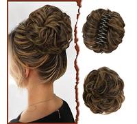 Extensions de chignon à clipser ondulées et bouclées à clipser pour queue de cheval, cheveux synthétiques ébouriffés, chou-chou pour femme, brun clair et blond décoloré