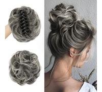 Extensions de chignon à clipser ondulées et bouclées à clipser pour queue de cheval, cheveux synthétiques ébouriffés, chou-chou pour femme, brun clair et blond décoloré