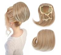 Extensions de chignon avec cordon de serrage, chouchous raides Hepburn pour femme, 15,2 cm, queue de cheval courte, postiche synthétique à clipser, faux blond sable, mélange blond décoloré