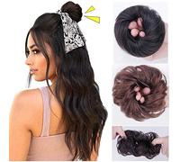 Extensions de chignon humain désordonné, chouchou en forme de beignet, chouchou pour femme, queue de cheval ondulée, noir foncé