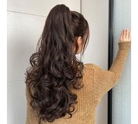 Extensions de queue de cheval en cheveux synthétiques bruns ondulés de 66-71 cm de long, fibre résistante à la chaleur, design à pince, convient pour un port quotidien Soie mate