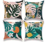Extérieur Housse de Coussin, Lot de 4 Imperméable Doux Feuilles de Palmier Motif Géométrique L'été Canapé Taie d'oreiller pour Patio Jardin Salon Chambre Décoration Carré Coussin 35x35cm (Vert)