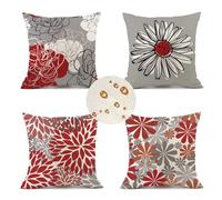Extérieur Housses de Coussin 60x60 cm Lot de 4 Housse Coussin Rouge Housse Coussin Canapé Fleurs Coussin Extérieur Imperméable Lin Coussin Canapé Carré Decoratif pour Chambre Canapé Chaise Lit Jardin