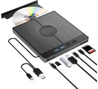 External CD DVD Player for PC,USB 3.0 Type-C CD/DVD +/-RW External DVD Player with 4 USB Ports and SD/TF Slot,Slim Fast Transmission Integrated USB Cable for Windows 11-7/XP Vista Linux Mac OS