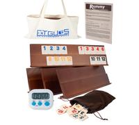 Extguds Ensemble de jeu rami de luxe avec 106 tuiles, jeu de rami classique en bois, avec 4 supports en bois faits à la main, sac en toile portable, ensemble de voyage pour jeux de société classiques
