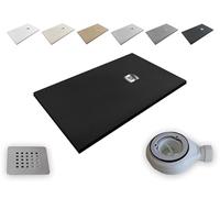 Extra-flat Resin Shower Tray outletaseo - All Sizes Available - Non-Slip Slate Texture - Includes Waste Valve + Grate (160x90, Noir RAL9005)