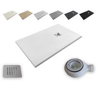 Extra-flat Resin Shower Tray outletaseo - All Sizes Available - Non-Slip Slate Texture - Includes Waste Valve + Grate (200x80, Blanc RAL 9003)