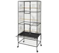 Extra Large Black Wrought Iron Bird Cage - 69-inch Tall Flight Aviary with Rolling Stand, Slide-Out Tray, Storage Shelf, Feeding Bowls, Perches - Spacious Metal Cage for Parrots, Macaws, Black