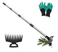 Extracteur de désherbage avec long manche, râteau manuel à 11 dents, outil de jardinage avec gants, outil de déracinement pissenlit gardénia pour cour, pelouse, terrasse et jardin